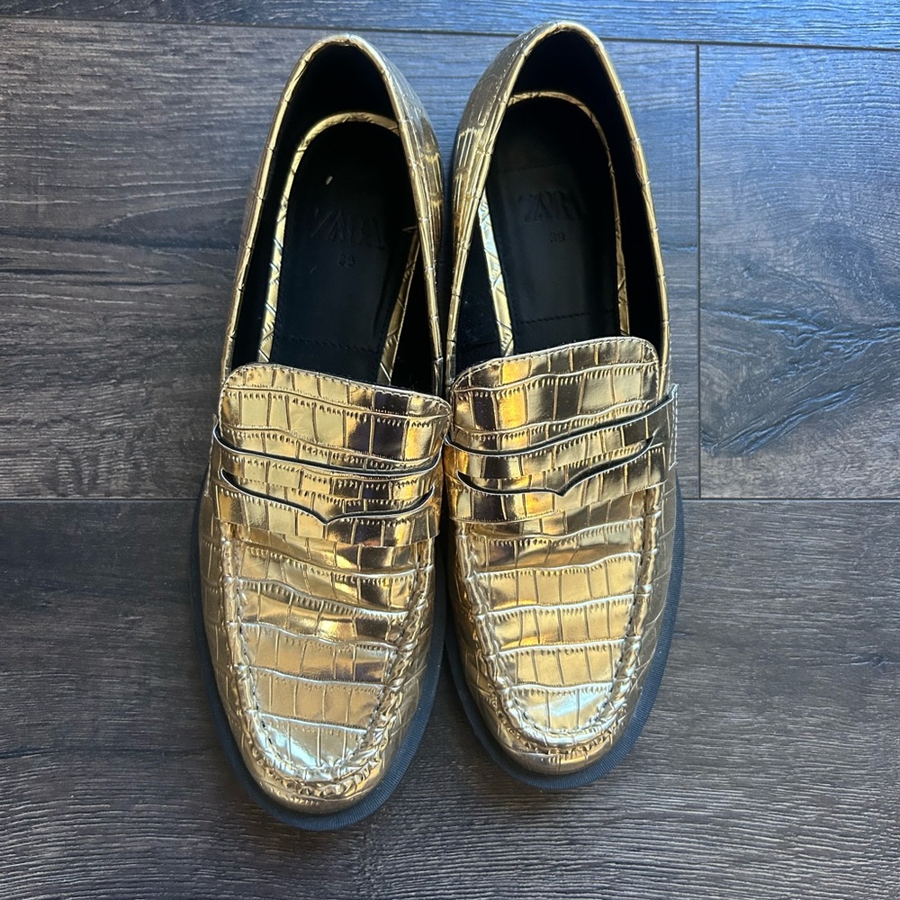 Zara gold leather loafers